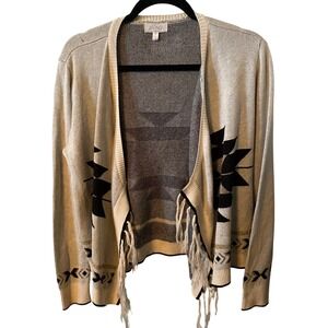 Soulmates Women Beige Black Aztec Fringe Cardigan Sweater Open Front Size M‎